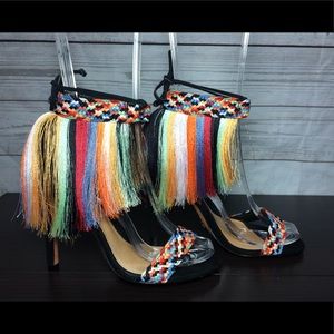 Colorful black fringe heels